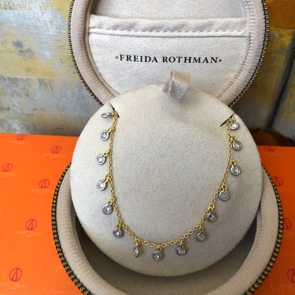 FREIDA ROTHMAN SIGNATURE BEZEL DROP NECKLACE, NEW WITH TAGS, GOLD AND SILVER - Picture 2 of 11